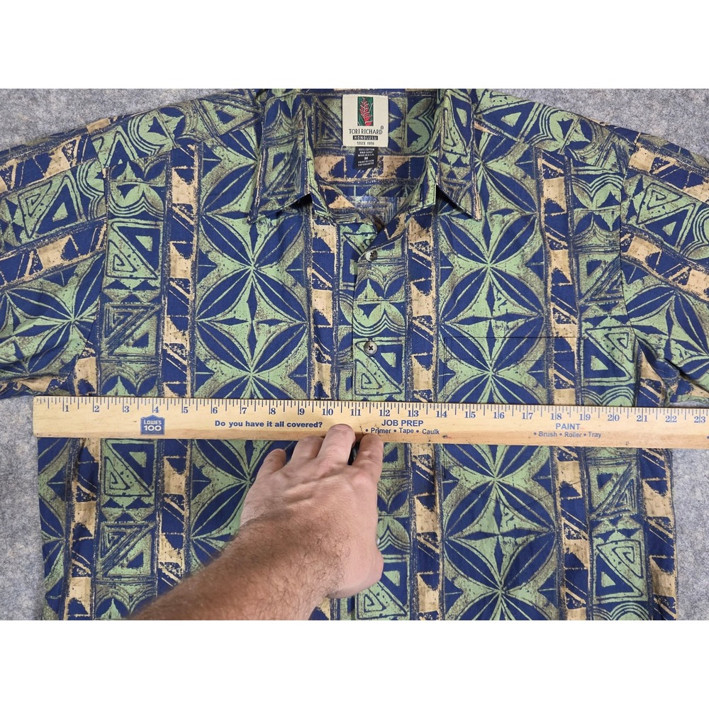 Tori Richard Honolulu Mens Medium Blue Green Tribal Geometric Cotton Aloha Shirt - Picture 4 of 9